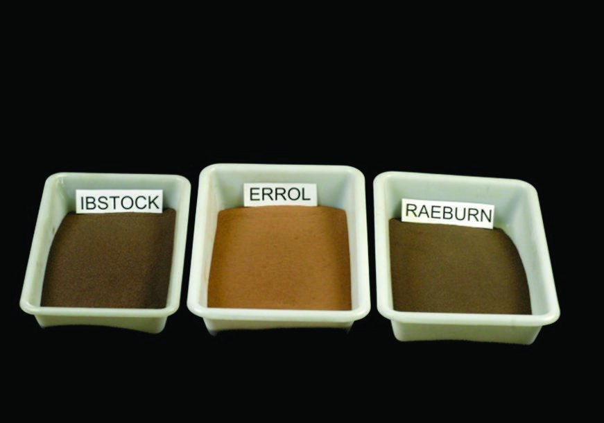 Tres bandejas con las arcillas escocesas Ibstock, Errol y Raeburn usadas para los bloques de tierra con lana de oveja